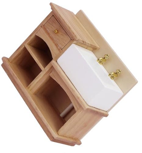 Zanthicia Puppenhaus Waschbeckenschrank aus Holz, edle Holzmaterialien, unverzichtbares Puppenhaus Zubehör, Miniatur Waschbecken