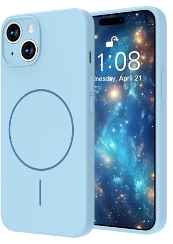Yoawiful Handyhülle für iPhone 15 Hülle Premium Silikon Magnetisch Kompatibel mit Mag Safe Kameraschutz mit Mikrofaser-Futter stoßfest dünn weich Kratzfest Schutzhülle case für iPhone 15 himmelblau