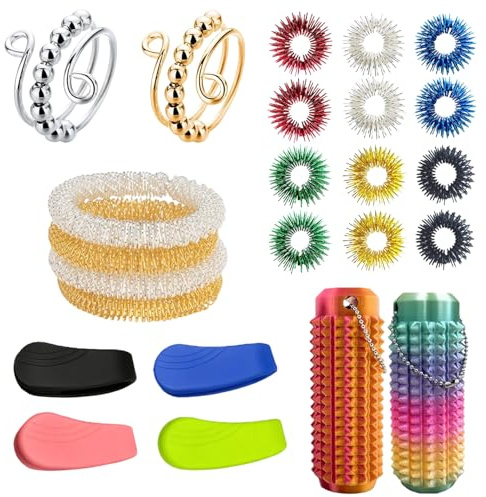 24 Stück Skills Borderline, Akupressur Armband, Skills Set, Skills Panikattacken, Akkupressurbälle, Massageringe für Finger (12 Akupressur Ring, 4 Clips, 4 Armbänder, 2 Skill Ringe, 2 Akupressur Ball)
