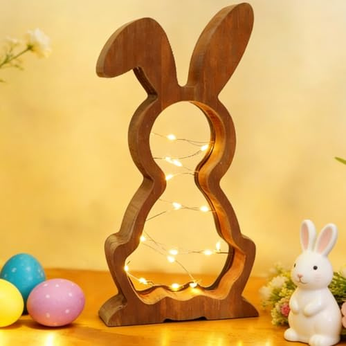 KIKVTER LED Osterhase Holz, Osterdeko aus Holz, Osterdeko Hase mit LED Lichterkette, Osterdekos Modern für Osterbeleuchtung, Ostern Deko Beleuchtet, Oster Deko, Tischdeko Ostern, Frühlingsdeko Garten