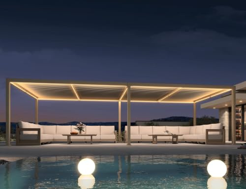 PURPLE LEAF Pergola Bioclimatique Alu 3,5 x 8,5 m avec Bande LED Champagne | Luxe et élégance, Luminosité réglable, Pergola, Résistance aux intempéries, Sans outils supplémentaires, Commerciale