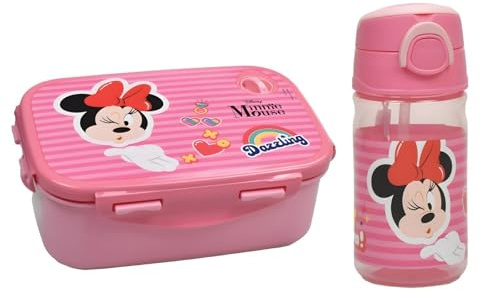 Disney Minnie Maus Kinder Lunch Set 2-teilig – Brotdose + Trinkflasche 350 ml – „Dazzling“ Design in Rosa – Frühstücks-Set für Kindergarten, Schule & Ausflüge