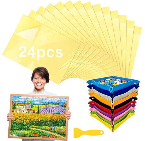 34 pcs Puzzle Kleber Set—24 Selbstklebend Puzzle Klebefolie für (25×18cm) Puzzlekleber für 3000 Teile 10 Puzzle Sortierschalen 1 Großer Spachtel Kleben Sortieren und Ordnen in Einem Geschenk