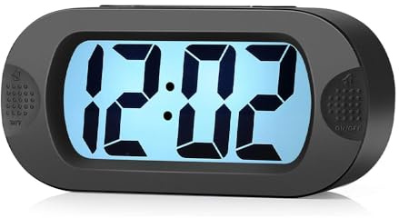 LCD Digital Alarm Clock with Large Display – Battery Operated – 12-Hour Format, 8-Minute Snooze, 5-Second Backlight – Ascending Alarm Sound – Soft Silicone Housing – Easy Setup (Midnight Black)
