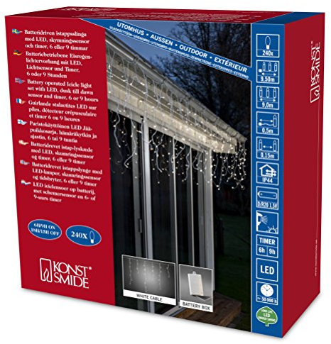 Konstsmide 3738-102 LED Eisregen Lichtervorhang / für Außen (IP44) / Batteriebetrieben: 4xD 1.5V (exkl.) / mit Lichtsensor, 6h und 9h Timer / weißes Kabel, 240 LEDs