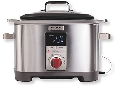 Wolf Gourmet WGSC100S Programmable Multi Function Cooker with Temperature Probe - Slow Cooker, Rice Cooker, Sauté, Sear, Sous Vide, Stainless Steel with Grey Knob (Red Knob)