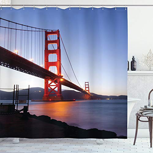ABAKUHAUS Stadtansicht Duschvorhang, San Francisco-Brücke, Stoffliches Gewebe Badezimmerdekorationsset mit Haken, 175 x 200 cm, Violett Orange Blau