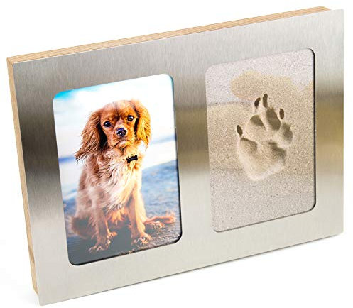pet imprint Pfotenabdruck 3D Set Formschaum grau Hund, Katze Bilderrahmen aus Holz und Edelstahl ohne Gips