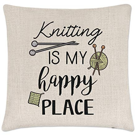 Gift Base Kissenbezug mit Aufschrift Knitting Is My Happy Place.
