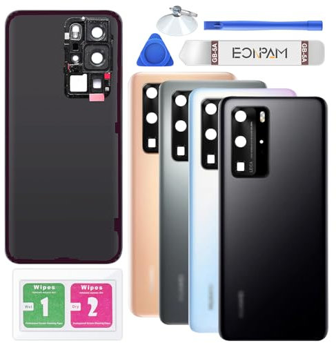 Eonpam Scocca Vetro Posteriore per Huawei P40 PRO Coperchio Copribatteria Sostituzione con Vetro Fotocamera + Kit di Riparazione (Nero)