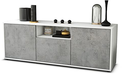 Stil.Zeit TV Schrank Lowboard, Anian, Korpus Weiss matt, Front Industrie-Design Beton Beton, (135x49x35cm), Push to Open Technik & Leichtlaufschienen