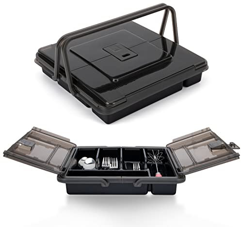 YICOCHI Porta-utensilios para encimera con tapa, bandeja de plástico para cajones, 5 compartimentos, organizador de cubiertos, transparente/negro