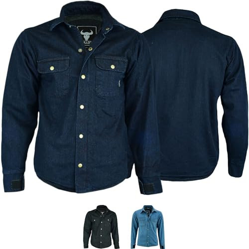 BULLDT Motorradhemd Jeanshemd Motorradjacke Herren Futter aus Kevlar Aramid mit Protektoren rutsch brandfest Motorrad Biker Hemd Denim Dunkelblau - 52