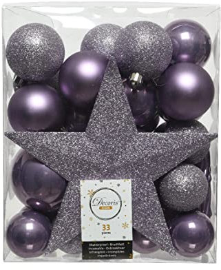 Kaemingk Weihnachtskugeln Kunststoff 5-8cm mit Christbaumspitze Stern 33er Set bruchsicher hellblau helllila