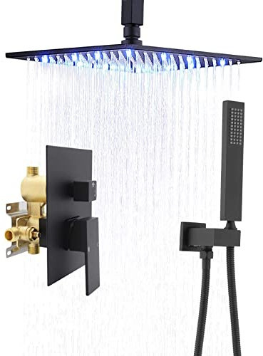 XJTNLB Unterputz Duscharmatur Set Dusche Regendusche Set mit Led, Duschsystem ohne Armatur mit Kopfbrause Handbrause Schwarz, B