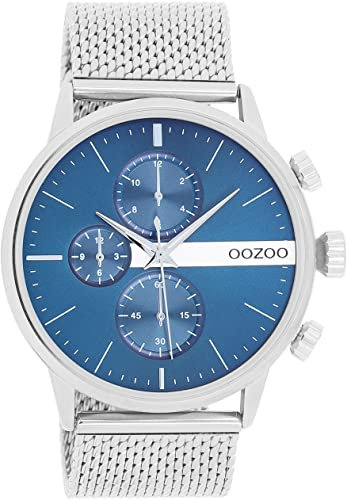 Oozoo Timepieces Herren Uhr in Silber Blau | Armbanduhr Herren mit Mesh Metallarmband | Hochwertige Uhr für Männer | Edle Analog Herrenuhr in rund C11100