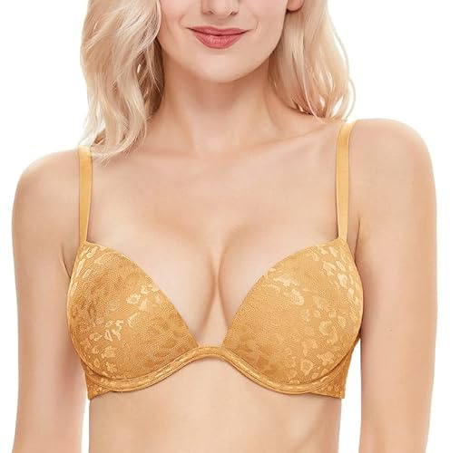 WingsLove Push Up Bra Sexy Deep V Plunge Add 2 Cups Bras Underwire T-Shirt Bra Multiway Gold