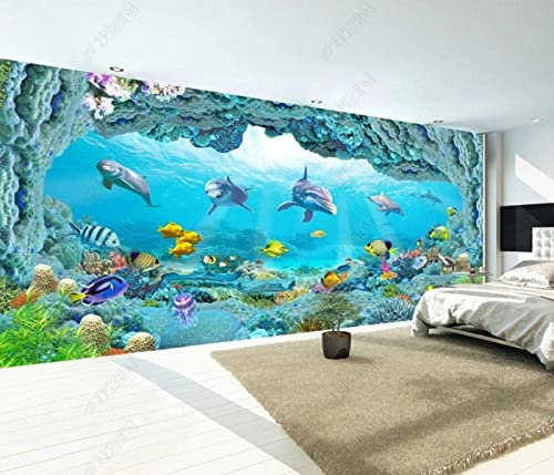 Fototapete 3D Effekt Tapete Unterwasserwelt Delfine Aquarium 3D Tapeten Wandbilder Wohnzimmer Schlafzimmer Kinderzimmer Dekoration Wanddeko