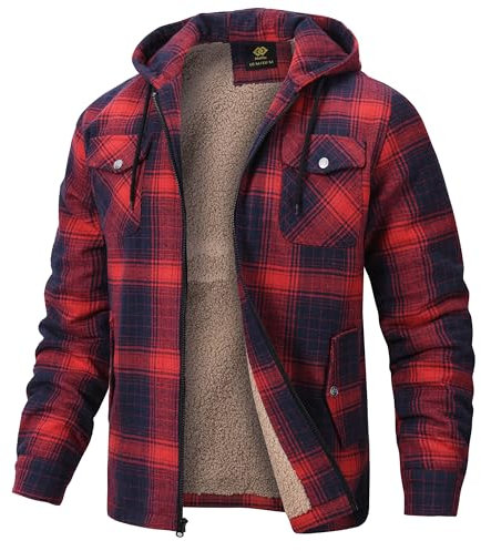 MoFiz Homme Veste Chemise Flanelle à Carreaux Doublée Chaude Blouson d'hiver Coton Chemise de Bûcheron Travail Manches Longues avec Capuche et Cinq Poches Rouge-Bleu L