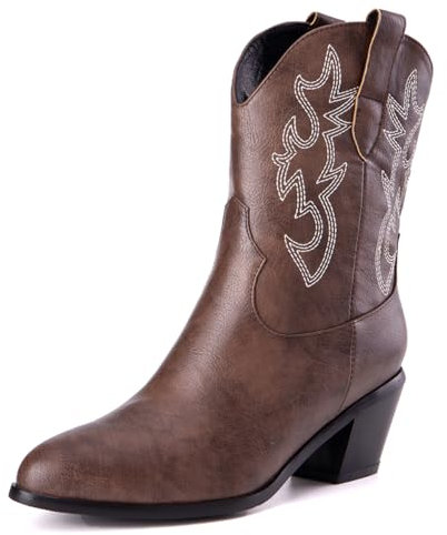 Donne Western Stivali da cowboy with Embroidered Moda Retrò Classico Basic Mid Calf Wide Calf Stivali Cowgirl per donne Ragazze Le signore Dark Marrone Numero 32