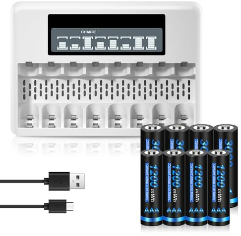 CITYORK Batterie agli ioni di litio ricaricabili AA AAA, con 4 batterie agli ioni di litio da 1,5 V, 3000 mWh e 4 batterie AAA da 1200 mWh e caricabatteria