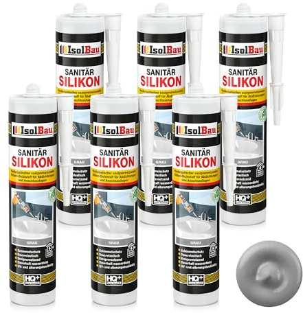 Isolbau Sanitär Silikon 6 x 300 ml Grau - Hochelastischer Silikon-Dichtstoff für Abdichtungen & Fugen - wasserdicht - Kartusche