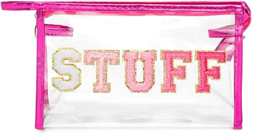 Y1tvei Chenille Brief Makeup Taschen - Varsity Stuff Preppy Patch Tragbare Reise Kosmetiktasche Kulturbeutel Transparent PVC Wasserdicht Clear Bag mit Reißverschluss für Mädchen Damen (Rosenrot)