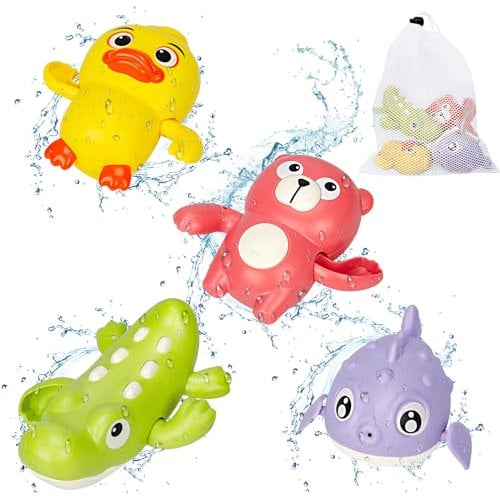 GEEKEO Badespielzeug, 4 Stück Pool Wasserspielzeug für Baby, Uhrwerk Schwimmbad Spielzeug für Badewanne, Geschenke für Kleinkinder Jungen Mädchen