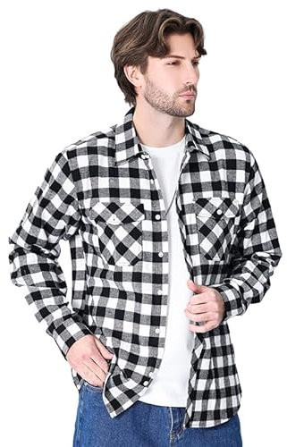 Iris Sprite Chemises à Carreaux pour Hommes Chemise à Carreaux en Flanelle Chemise décontractée à Carreaux Casual Manches Longues avec Poches(M518-Noir Blanc, XL)