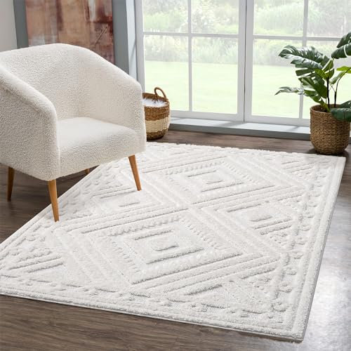 carpet city Teppich Wohnzimmer Hochflor Creme - 200x290 cm - Hochtief-Muster, 3D-Effekt Raute - Bettvorleger Schlafzimmer Teppiche Boho, Skandi