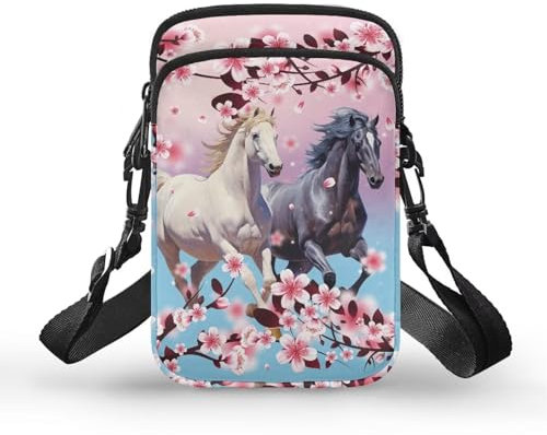 BYCHECAR Kleine Umhängetasche für Damen, Reißverschluss, Handytasche mit Riemen, Pferd Kirschblüte