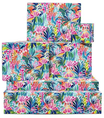 Blumen-Geschenkpapier – 6 Bögen Geburtstag Geschenkpapier – Abstrakte Tropische Blumen – Dschungel – Für Frauen – Mit Aufklebern – Recycelbar – Von Central 23