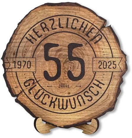 DARO Design – Baumscheibe mit Gravur für 55. Geburtstag – Geburtstags Geschenk aus Holz – Hochwertige Holz Geschenke mit Gravur ideal für Geburtstag – Dicke 6mm, Durchmesser 20cm – Made in Germany
