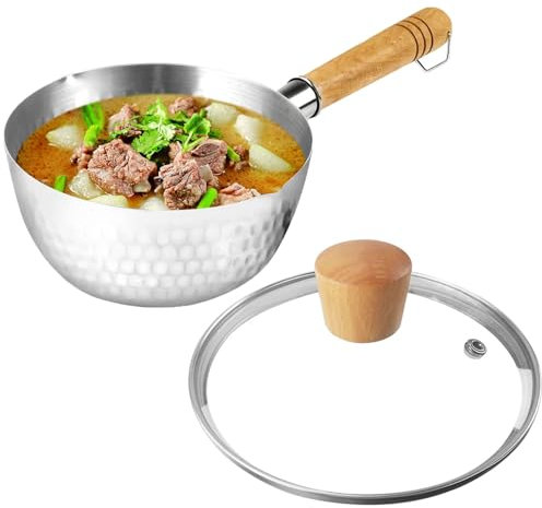 YUBDBFKAI Traditionnel Japonais Yukihira Casserole,Antiadhésif Acier Inoxydable Pot Yukihira Martelé Casserole avec Manche en Bois Et Couvercle en Verre Poêle À Sauce Au Lait,Argent,6.3in/16cm