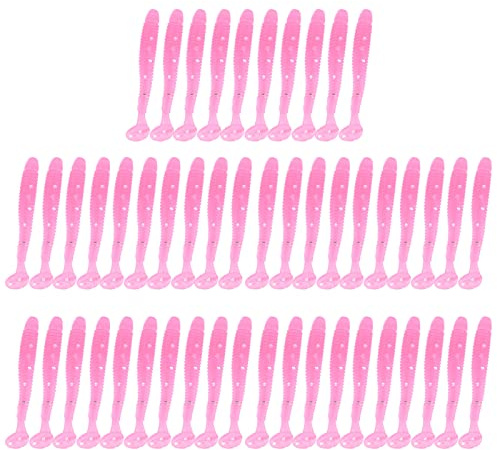 Lot de 50 Appâts en Plastique Souple avec Queue en T de 5 Cm, Leurres de Pêche en Plastique Souple avec 9 Options de Couleurs pour L'Aventure de Pêche en Plein Air (Rose)