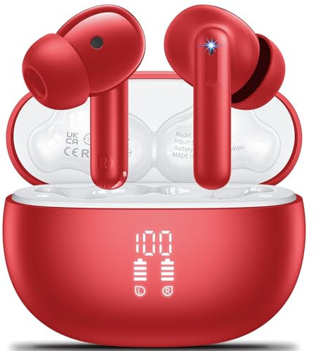 Bluetooth Kopfhörer in Ear Kopfhörer Kabellos Bluetooth 5.3 HiFi Stereoklang, Kopfhörer mit 4 ENC Cancelling Mic, 42H Kabellose Kopfhörer con LED Anzeige , IPX7 Wasserdicht, Geeignet Sport/Büro- Red