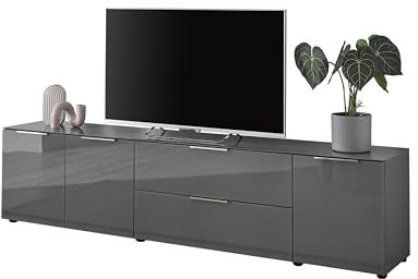 Stella Trading TV-Lowboard Santorin in Anthrazit, TV - TV Schrank für TV bis 77 Zoll mit viel Stauraum für Ihr Wohnzimmer - 226 x 55 x 40 cm (B/H/T)