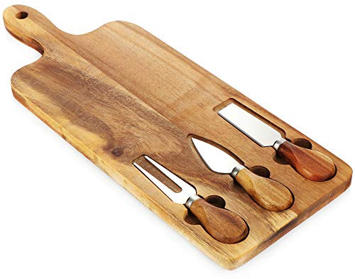 COM-FOUR® Set de 4 planches à fromages avec couteau - assiette à fromages en bois et trois couteaux à fromage différents - plateau à fromages pour préparer et servir des spécialités de fromage