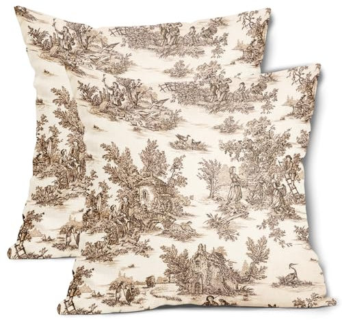 aportt Französische Landhaus-Kissenbezüge, 45,7 x 45,7 cm, Vintage-Stil, Toile-Braun, Beige, Baumwoll-Leinen, Polyester, dekorativer Wurfkissenbezug für Schlafzimmer, Sofa, Wohnzimmer, Couch, Stuhl
