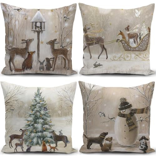 HUASHUZI Weihnachtskissen Kissenbezug 40x40 Winter Wintermotiv Weihnachtsdeko Weihnachtskissenbezug Christmas Decorations Xmas Cushion Covers Pillow Winter Kissen Deko 4er Set Sofa