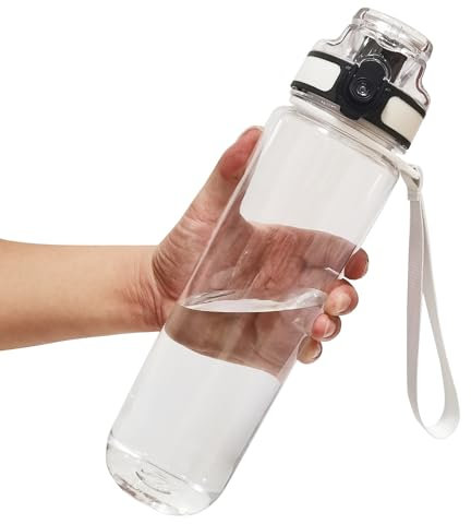 GearTek Tritan Clear Water Bottle | No Markings 1 litre 32 oz Sports Water Bottle with filter | Leak Proof Re-Usable Flip Top Plastic Drinks Bottles for School, Office, Gym, Cycling