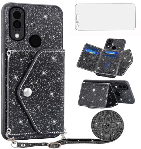 Asuwish Handyhülle für Cat S62/S62 Pro Hülle mit Band und Folie Schutzfolie Kartenfach Klappbar Glitzer Leder Geldbörse Ständer S 62 62S Handyhüllen Cover Handy Hüllen Schutzhülle Phone Case Schwarz