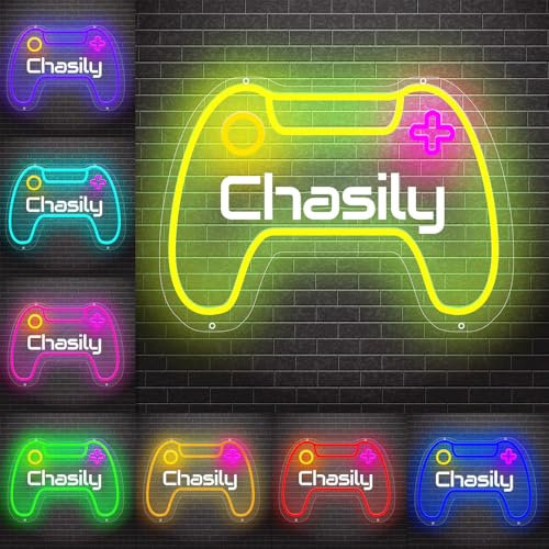 Personalized Gaming Neon Sign for Wall Decor, Custom Name Gamepad Shaped LED Light Up Sign, Acrylic Night Light for Bedroom, Playroom, Man Cave (Gaming-2)