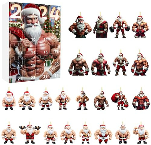 Christmas Vacation Adventskalender 2024-24 Stück 5cm Lustiger Muskel Weihnachtsmann Weihnachtsanhänger 2D Acryl Weihnachtsbaum Anhänger Weihnachtskalender Weihnachts Countdown Kalender (D)