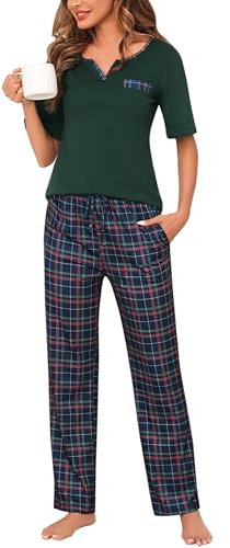 Bresdk Ensemble de Pyjama Femme Coton Vêtements de Nuit Haut à Manches Courtes de Couleur Unie Bas de Pyjama à Carreaux 2 Pièces, Vert, M