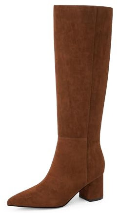 Easyfox Stivali alti al ginocchio da donna con tacco grosso a punta stivali lunghi con cerniera laterale, Camoscio marrone., 38.5 EU