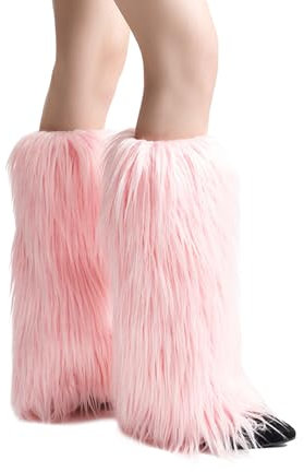 Golden Apple Faux Fur Fluffy Women Leg Warmers Shaggy Knee High Stockings Gyaru Punk Fuzzy Furry Y2K Boots Cuff Covers (Pink, 40cm)