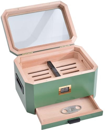 Sweet taize Humidor für Zigarren, Glasdeckel-Humidor mit einfachem Befeuchtungssystem, präzisem digitalem Hygrometer, Zubehörschubladen, Grün