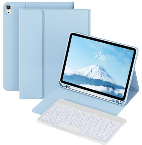 KVTVOU Custodia con tastiera per iPad A16 di 11ª generazione 2025/iPad 10° generazione 2022 10.9 pollici, tastiera wireless rimovibile, RGB 7 colori illuminati, layout QWERTZ, azzurro