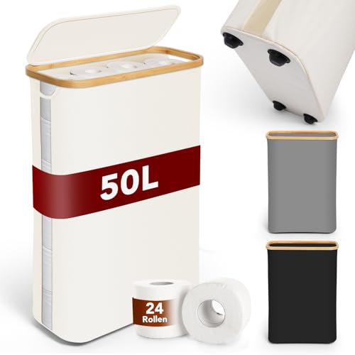 SOUTHGATE 50L Toilet Roll Storage with Bamboo Lid, Large Toilet Paper Storage Box for 16-24 Toilet Roll, Visibility Toilet Roll Basket with Feet, Bathroom Organizer with Handle, Beige